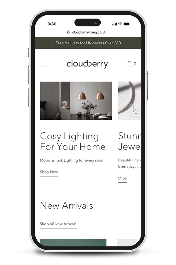 Cloudberry Shopify website mobile homepage design