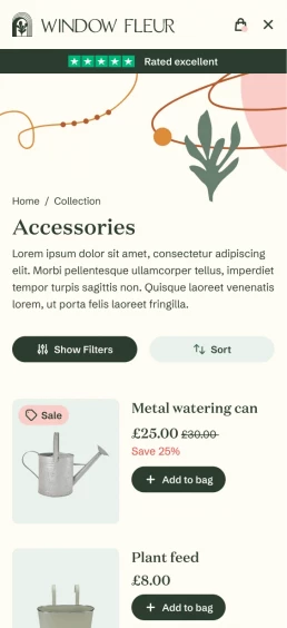 Window Fleur Shopify Website design Collection page mobile screen