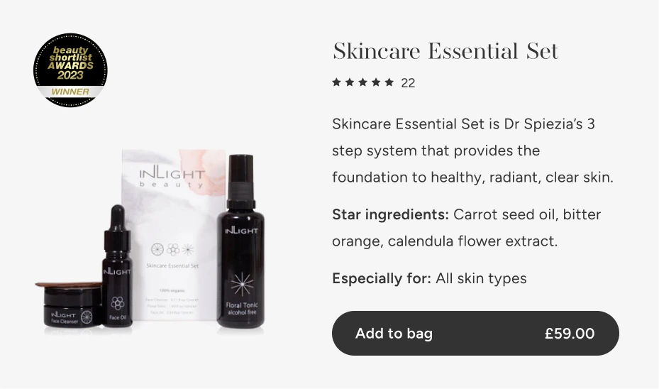 Inlight Beauty Shopify website design product card UI design