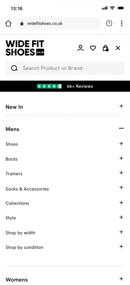 Wide Fit Shoes Shopify website design mobile navigation