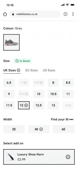 Wide Fit Shoes Shopify website design product page buttons