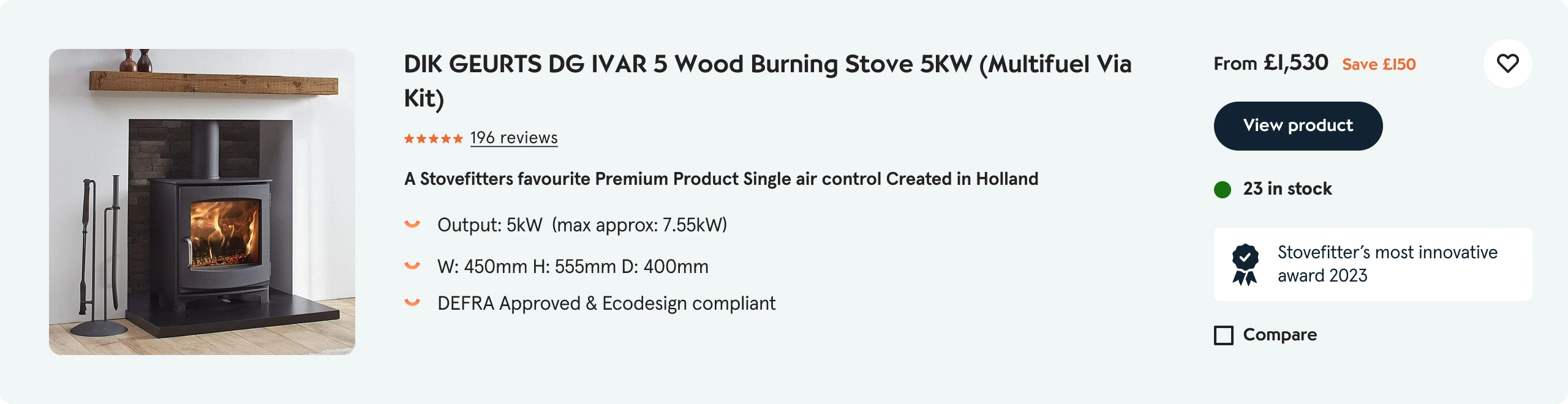 Stovefitter's Warehouse Shopify website design product card