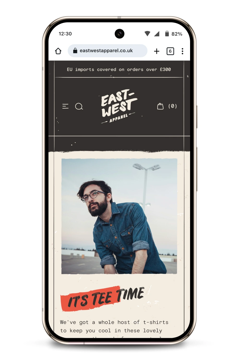 East West Apparel Shopify website homepage on mobile device