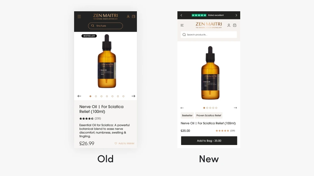 Before and after mobile product page screenshots for Zen Matri showing CRO improvements on Shopify, highlighting enhanced user experience and increased conversions by UK Shopify designer Anthony Bliss
