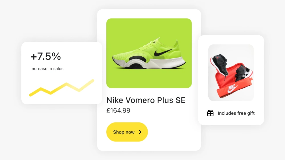 Hero image showing a Shopify product card with free gift UI and rising conversion metrics, illustrating human-led conversion rate optimisation by UK Shopify designer Anthony Bliss