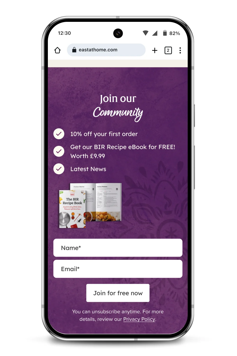 East At Home Shopify Website Design of their newsletter sign up form by Anthony is Freelance