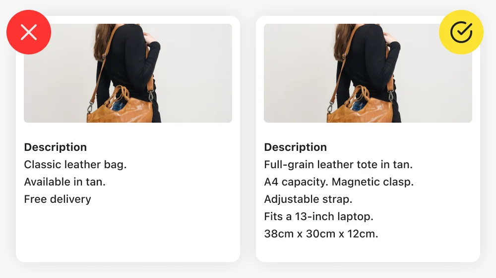 Side by side comparison of a weak and strong Shopify product description, showing what AI can and cannot understand when recommending products