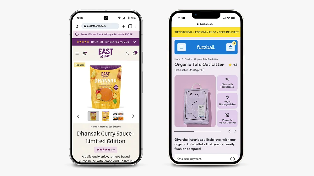 East at Home and Fuzball product page Shopify store design by Anthony is Freelance