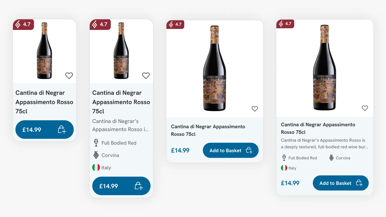 Drink Finder Shopify product card design showing four layout variations with wine rating, region, style and add to basket button