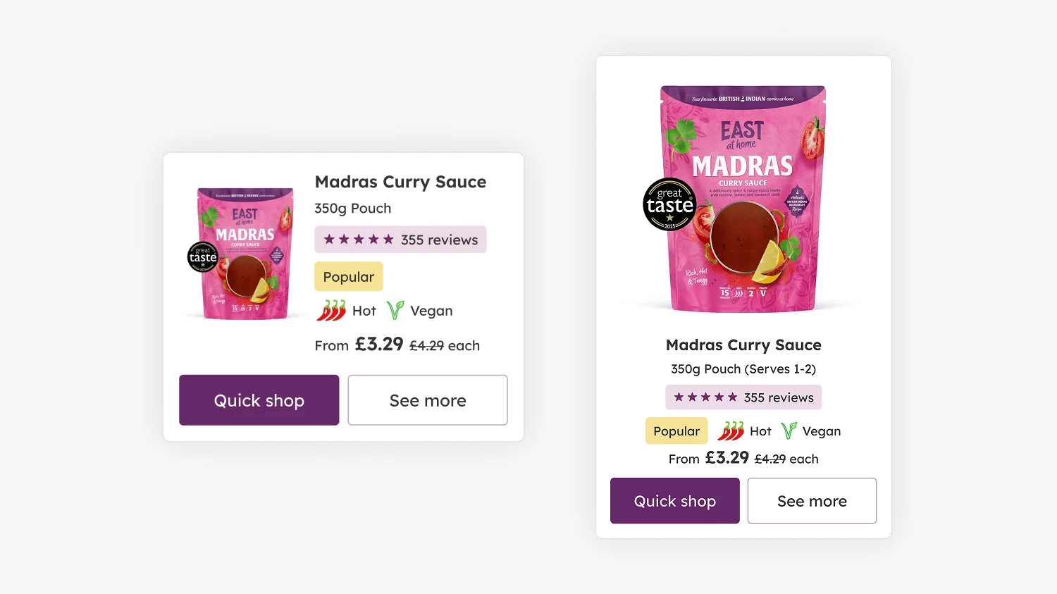 East at Home Shopify product card design showing list and grid layouts with Great Taste badge, reviews, dietary icons and Quick Shop button