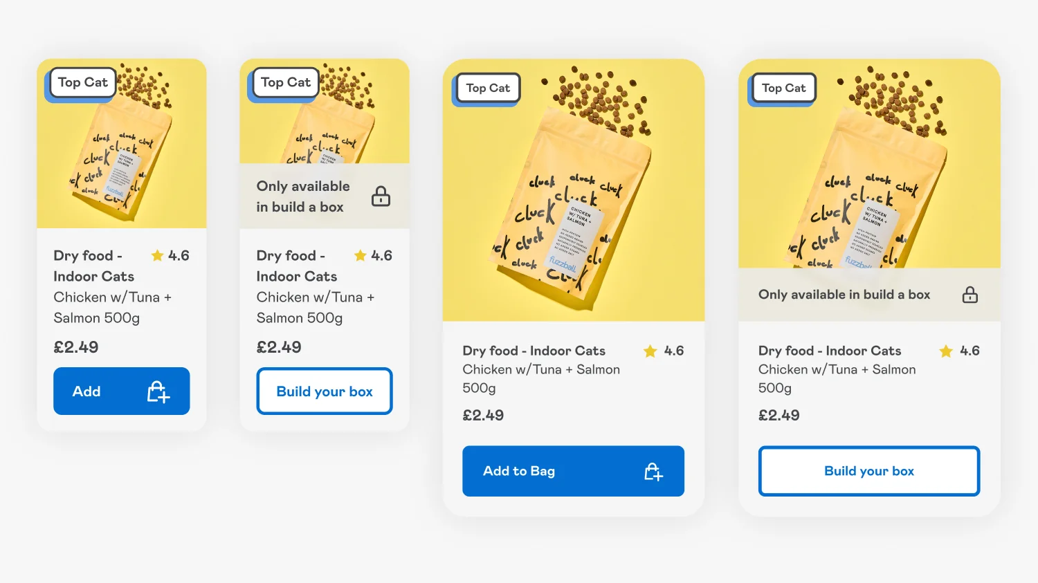 Fuzzball Shopify product card design showing standard and gated subscription-only variants with lock icons