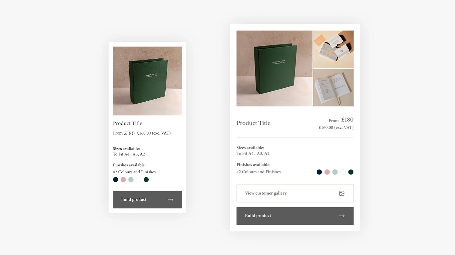 Hartnack and Co Shopify product card design showing comparison data including sizes available, finishes and colour swatches