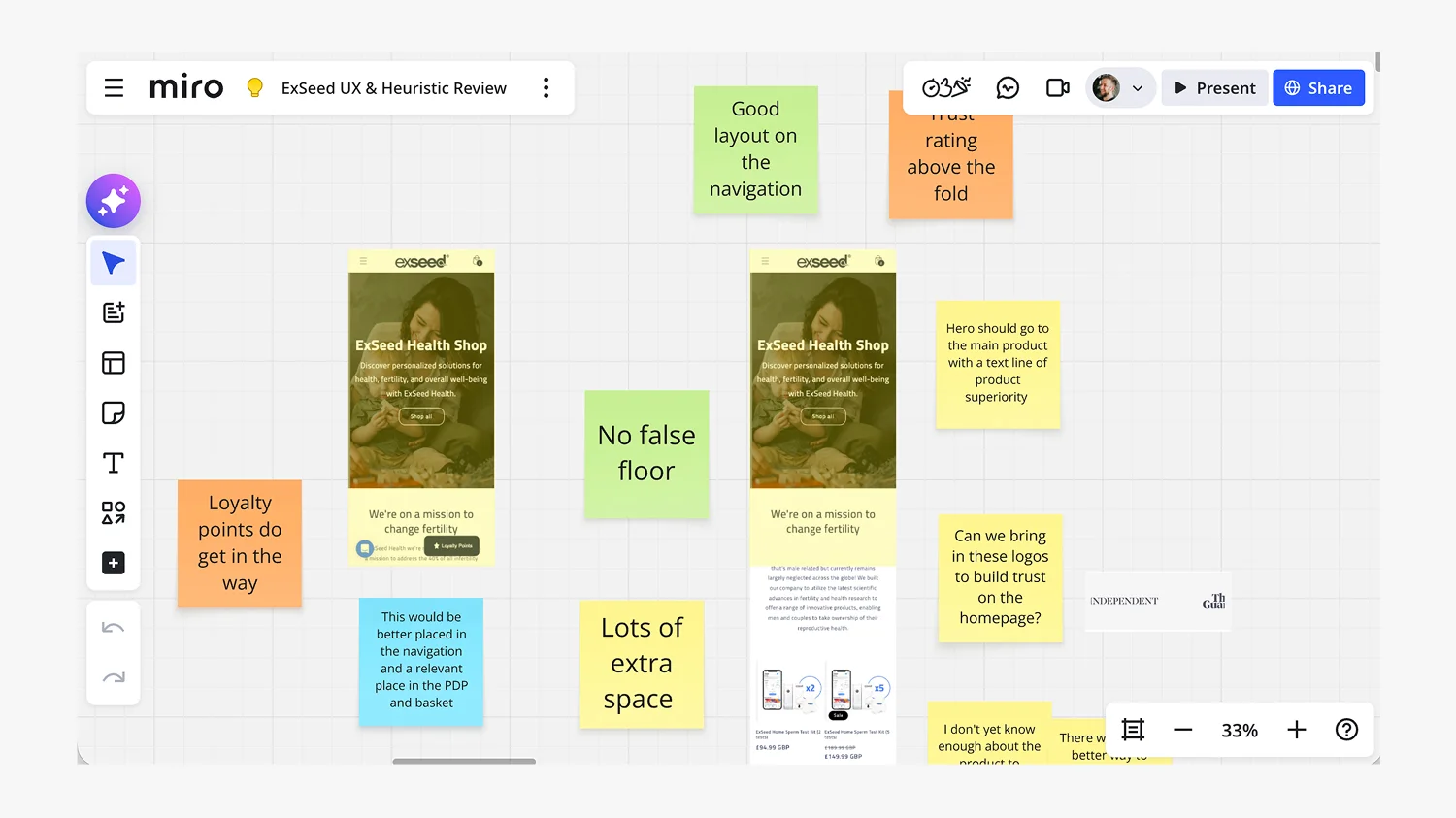 Miro UX review board for a Shopify store showing colour-coded annotations across mobile homepage screens