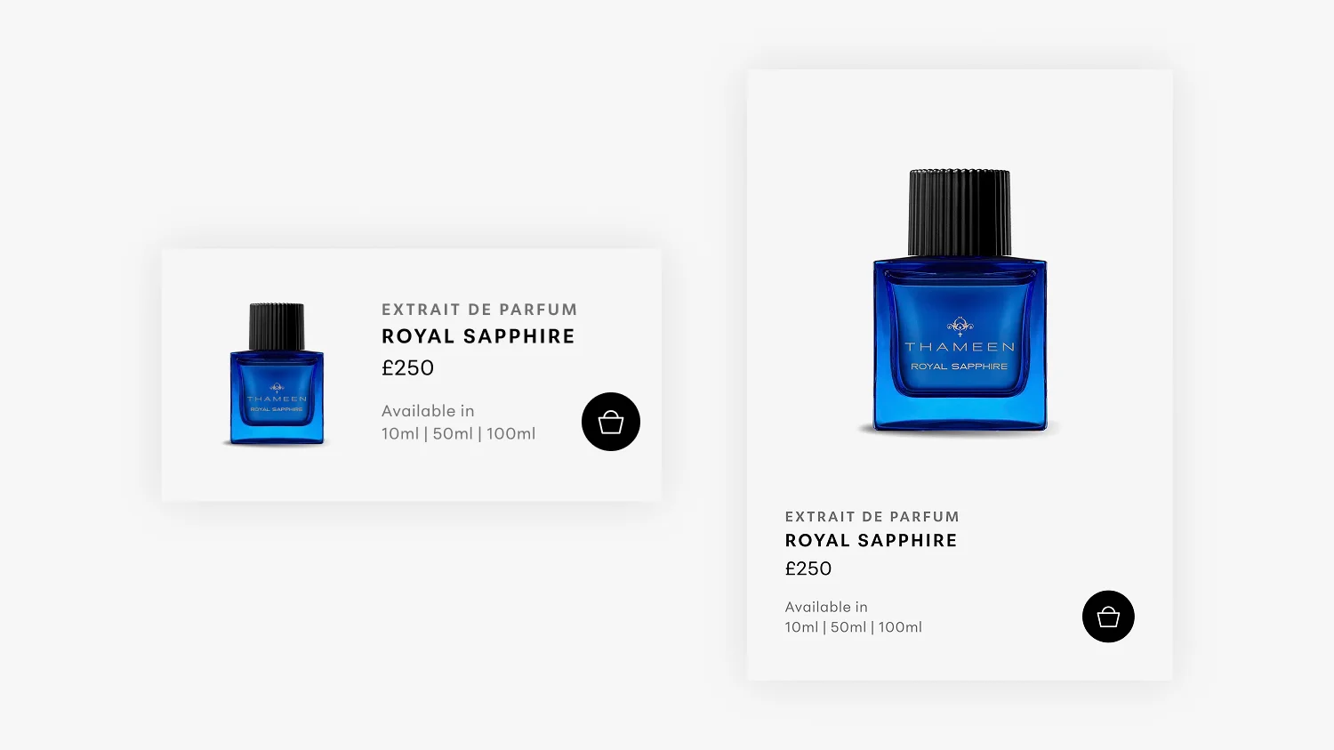 Thameen London Shopify product card design showing list view and grid view layouts for Royal Sapphire fragrance