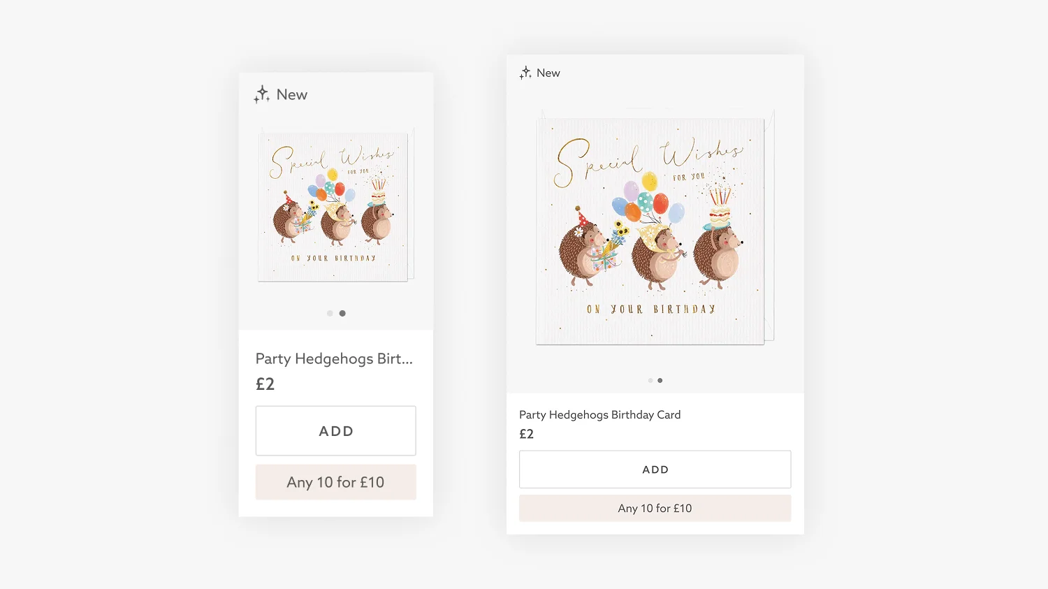 Whistlefish greeting card Shopify product card design showing two layout variations with multi-buy offer