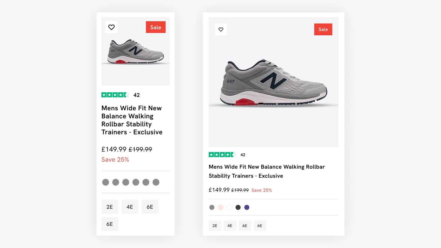 Wide Fit Shoes Shopify product card design showing colour swatches and width sizes 2E, 4E, 6E for New Balance trainer