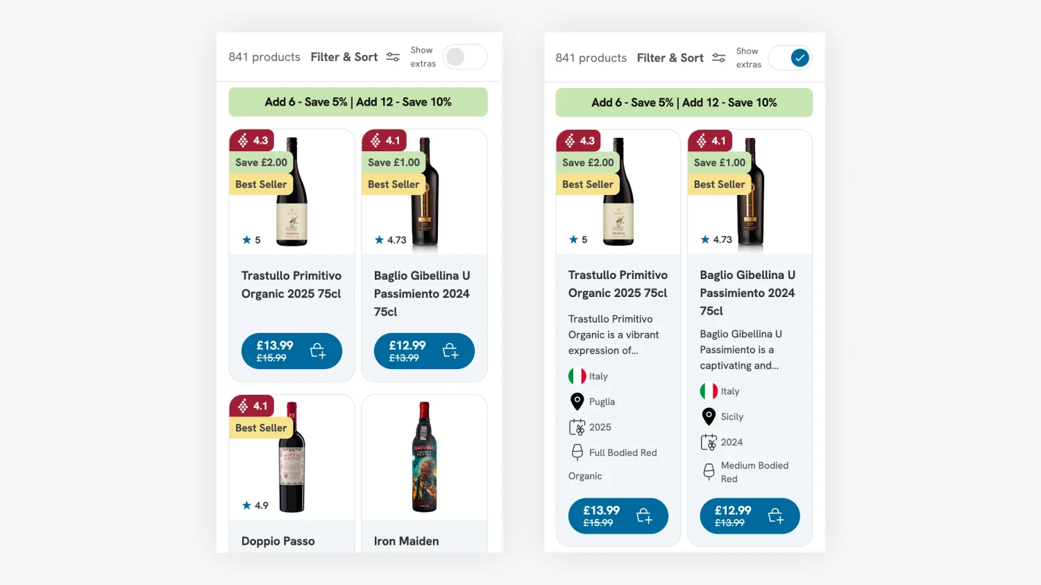Drink Finder Shopify collection page with the comparison toggle off and on, expanding product cards to show country, region, vintage and wine style