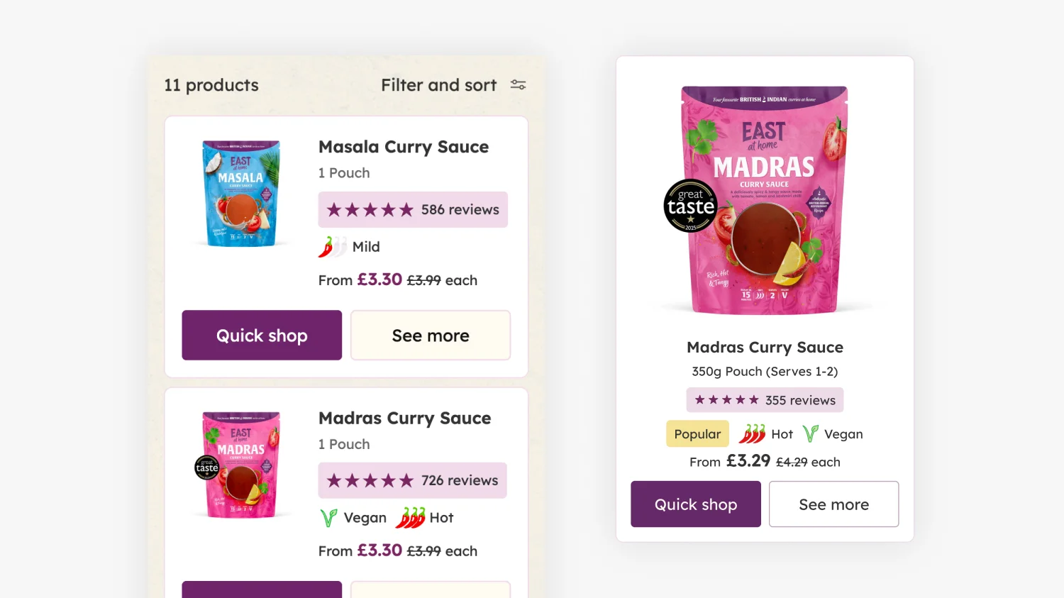 East at Home Shopify collection page product cards showing review counts, spice level, dietary icons, price and a Quick Shop button