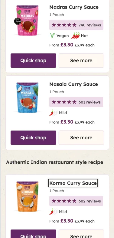 East at Home Shopify collection page on mobile, with product cards showing star ratings and review counts, a Great Taste award badge, spice level, vegan icon and price